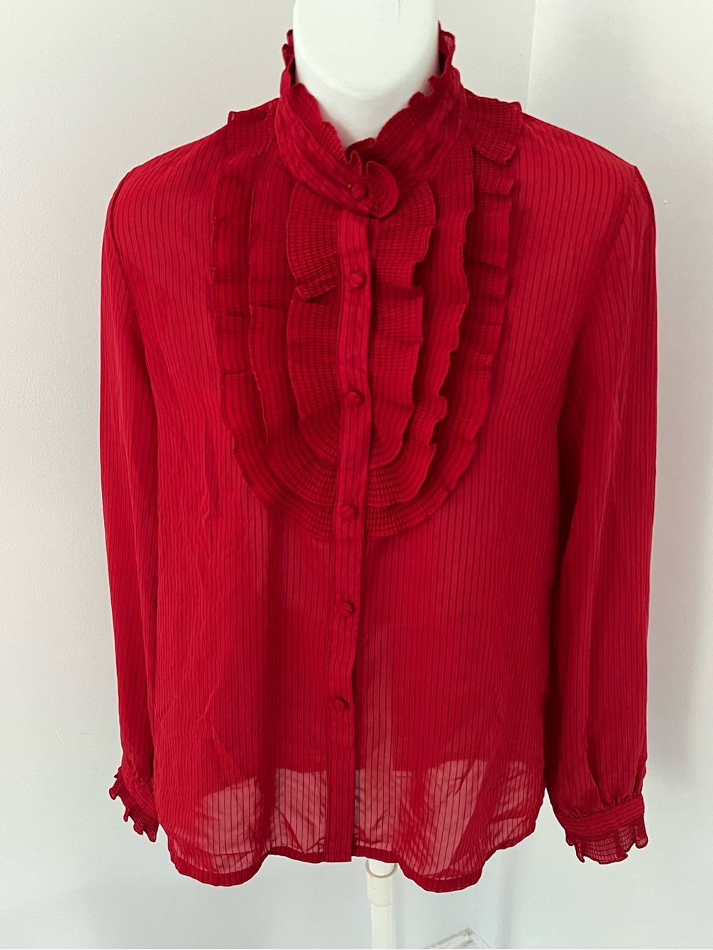 Vintage Inni Red Ruffle Front Long-Sleeve Sheer Blouse Sz. M